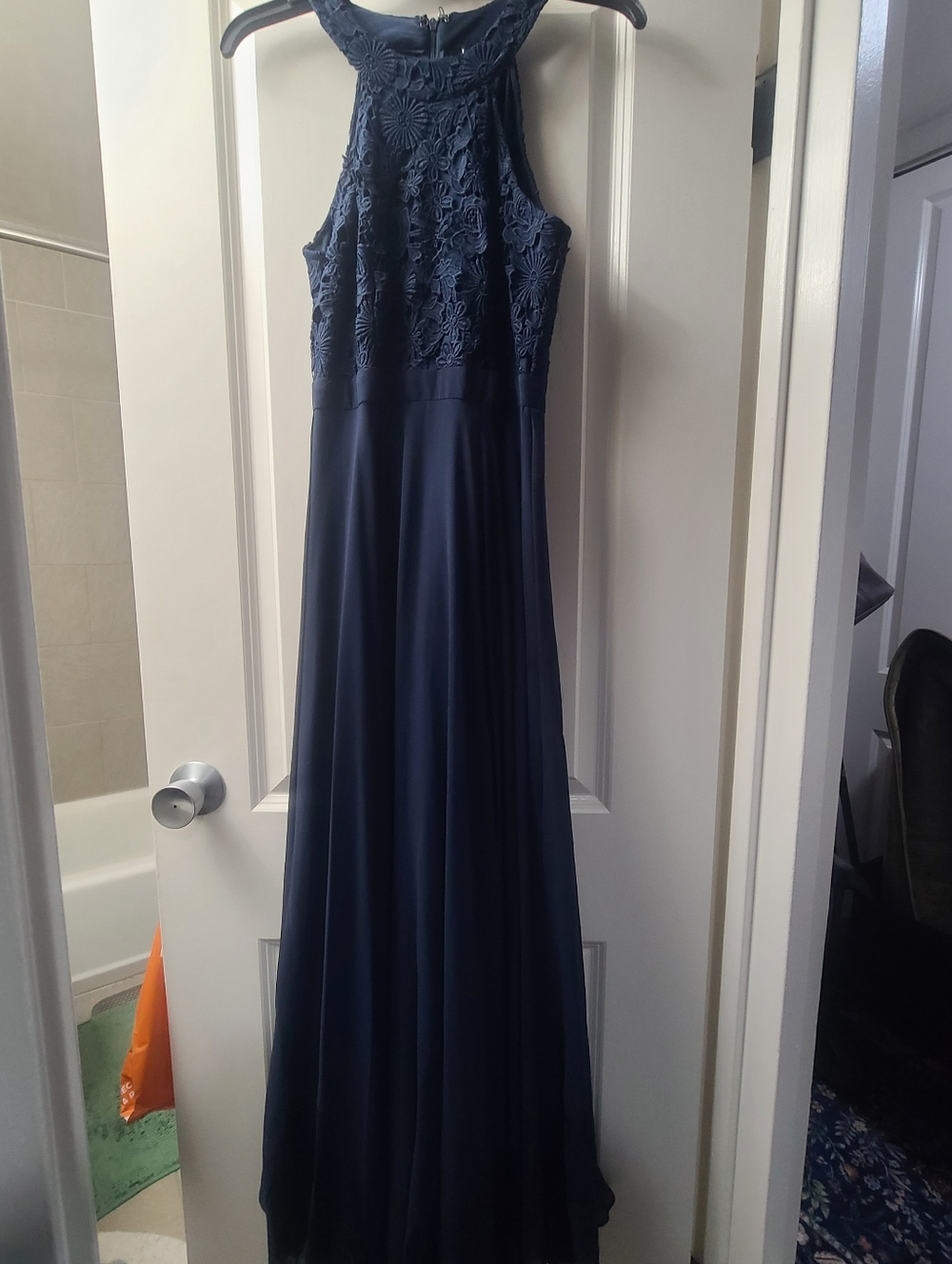 Lulu's Navy High-Neck Lace A-Line Prom Dress